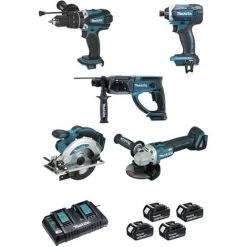 5er-Set MAKITA 18V Li-Ion 5.0 Ah Maschinen - Bohr-Meißel + Schraubendreher + Schlagbohrer + Schleifer + Kreissäge - DLX5039PTJ