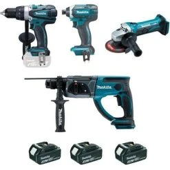 Set Mit 4 MAKITA-Maschinen - 3 Batterien 18 V Li-Ionen 4.0 - Bohrer DDF458 + Schleifer DTD152 + Perfo DHR202 + Schraubendreher DGA452 - DLX4054MX1