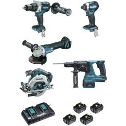 5er-Set MAKITA Maschinen 18V Li-Ion 5.0 Ah - Bohr-Meißel + Schraubendreher + Bohrer + Schleifer + Kreissäge - DLX5038PTJ