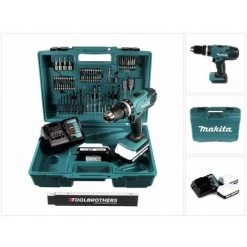 Makita HP 457 DWE 10 Akku Schlagbohrschrauber 18 V 42 Nm G-Serie + 2x Akku 1,5 Ah + Ladegerät + 74 Tlg. Set + TOOLBROTHERS Zollstock